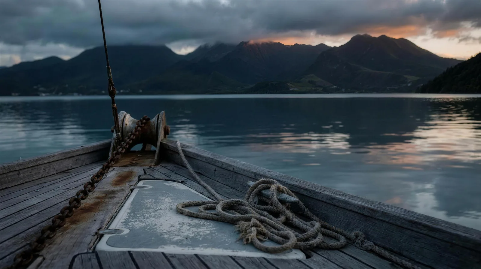 Anchor chain running off the bow into flat water at first light, volcanic ridgeline catching the first sun.