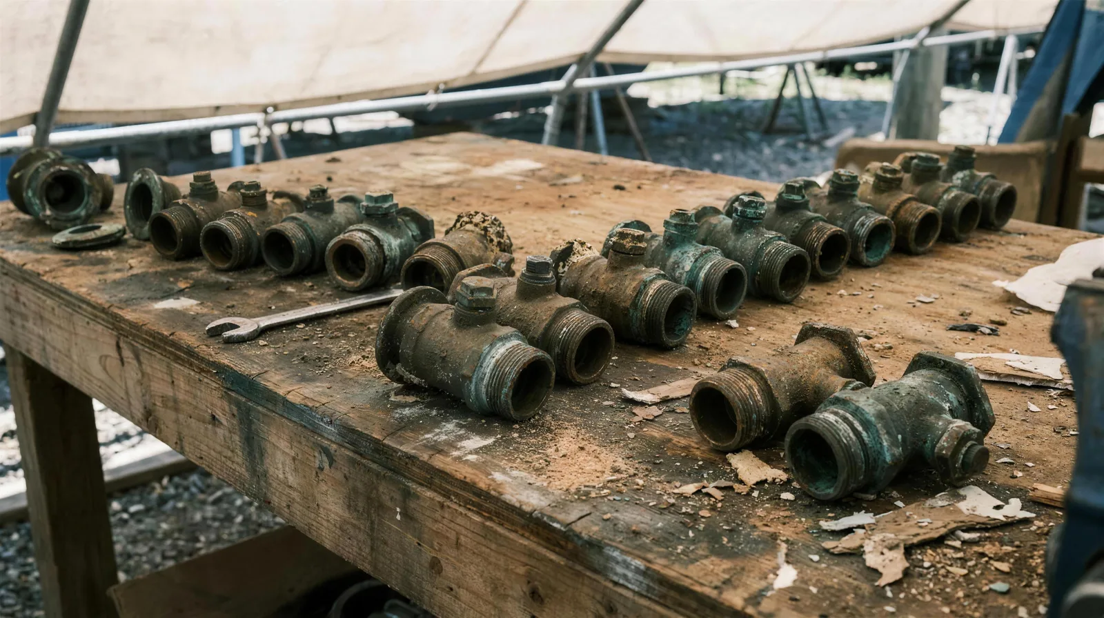 Removed bronze seacocks laid out in a row on a boatyard workbench, still crusted with growth.